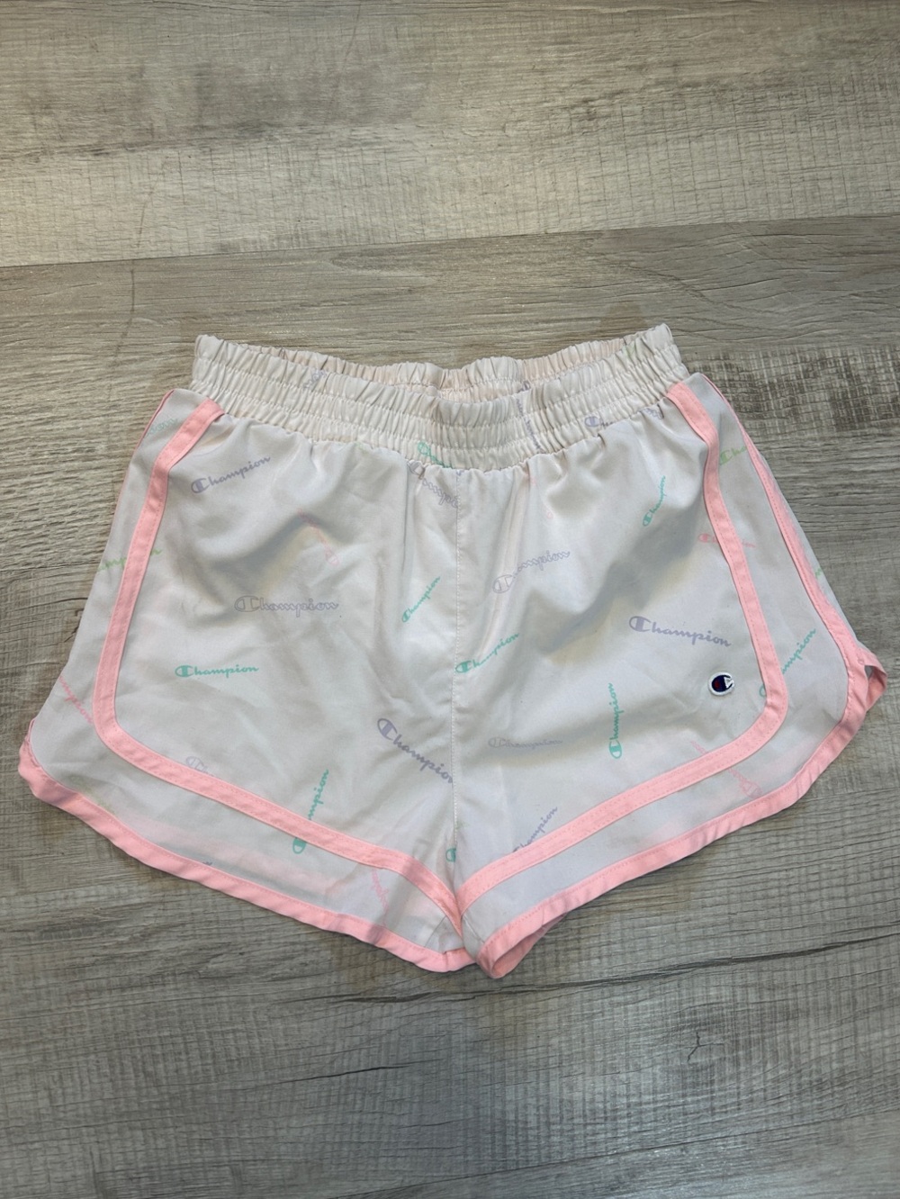 Champion Girls White Pastel Logo Athletic Shorts Pink Trim Size XL